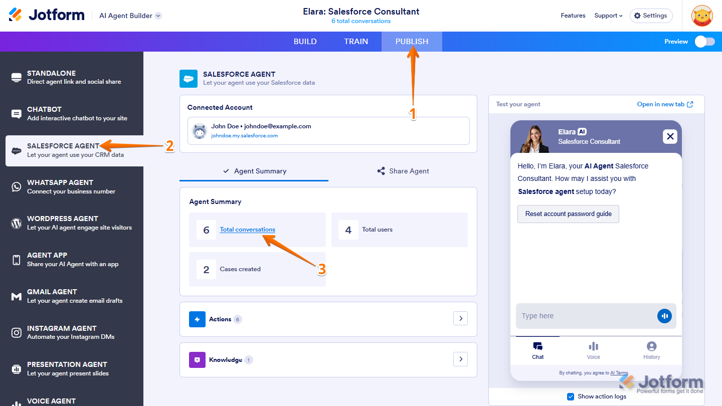 AI Agent Builder in Jotform showing Publish tab, Salesforce Agent selected from left menu, and Total Conversations in Agent Summary section