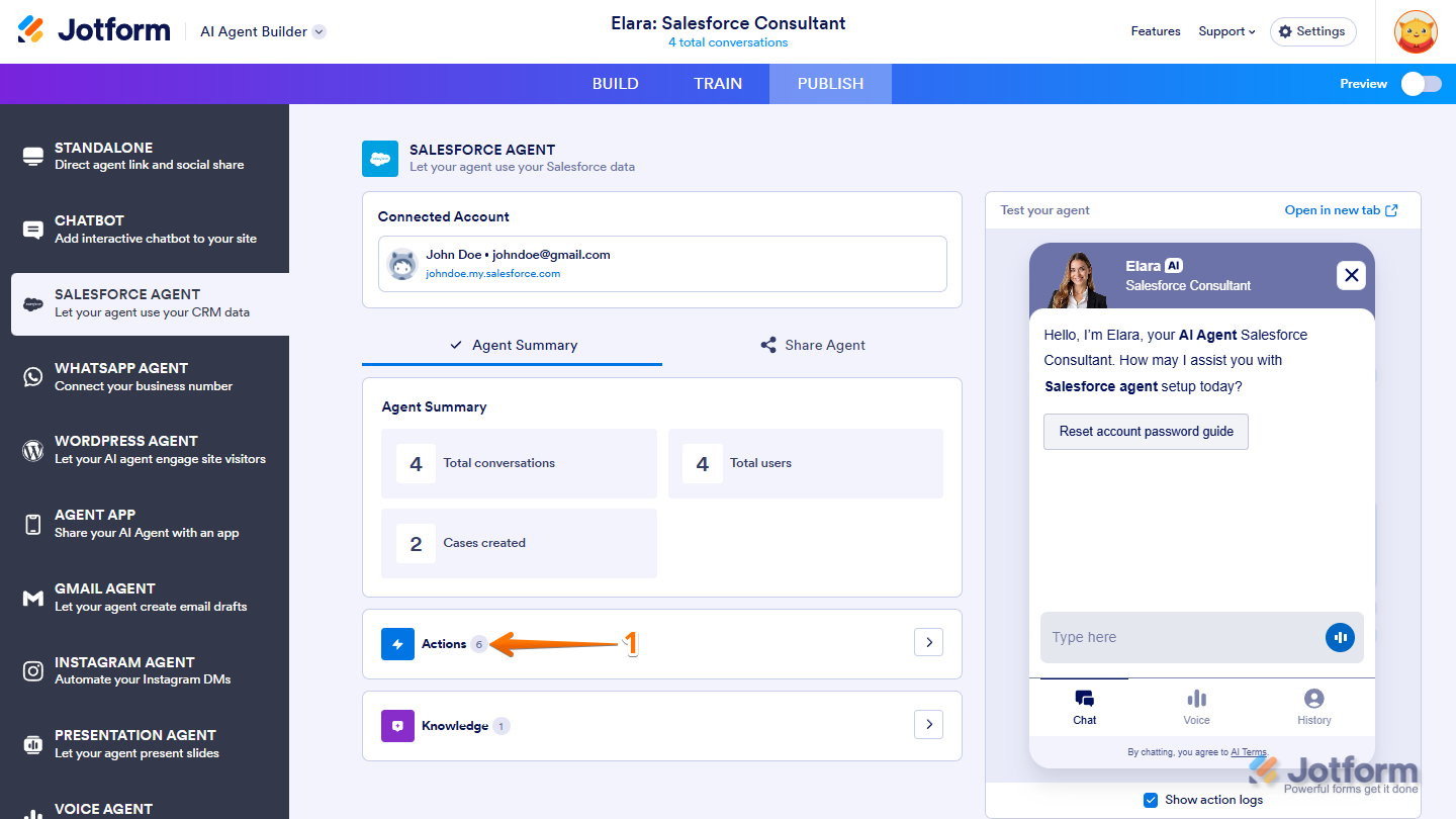 Salesforce Agent page in Jotform with Actions tab highlighted to access created actions
