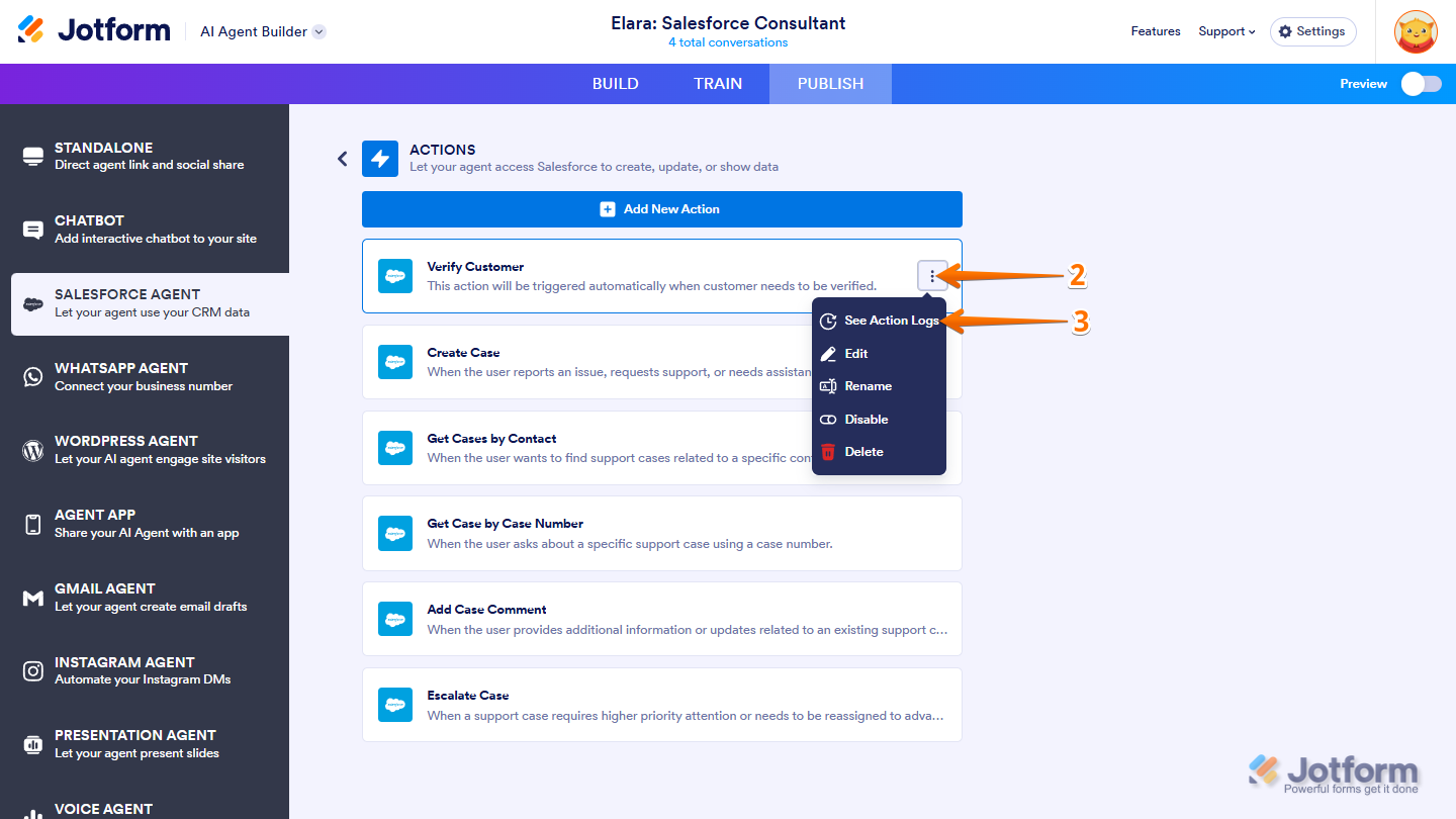 Hovering over actions in Salesforce Agent page in Jotform and clicking Three Dots icon to select See Action Logs,