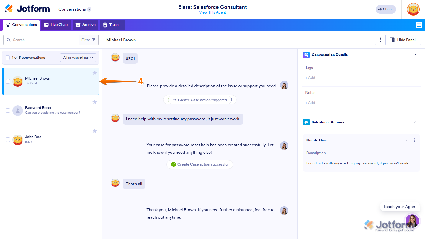 Conversations page in Jotform Salesforce Agent showing list of conversations on the left side