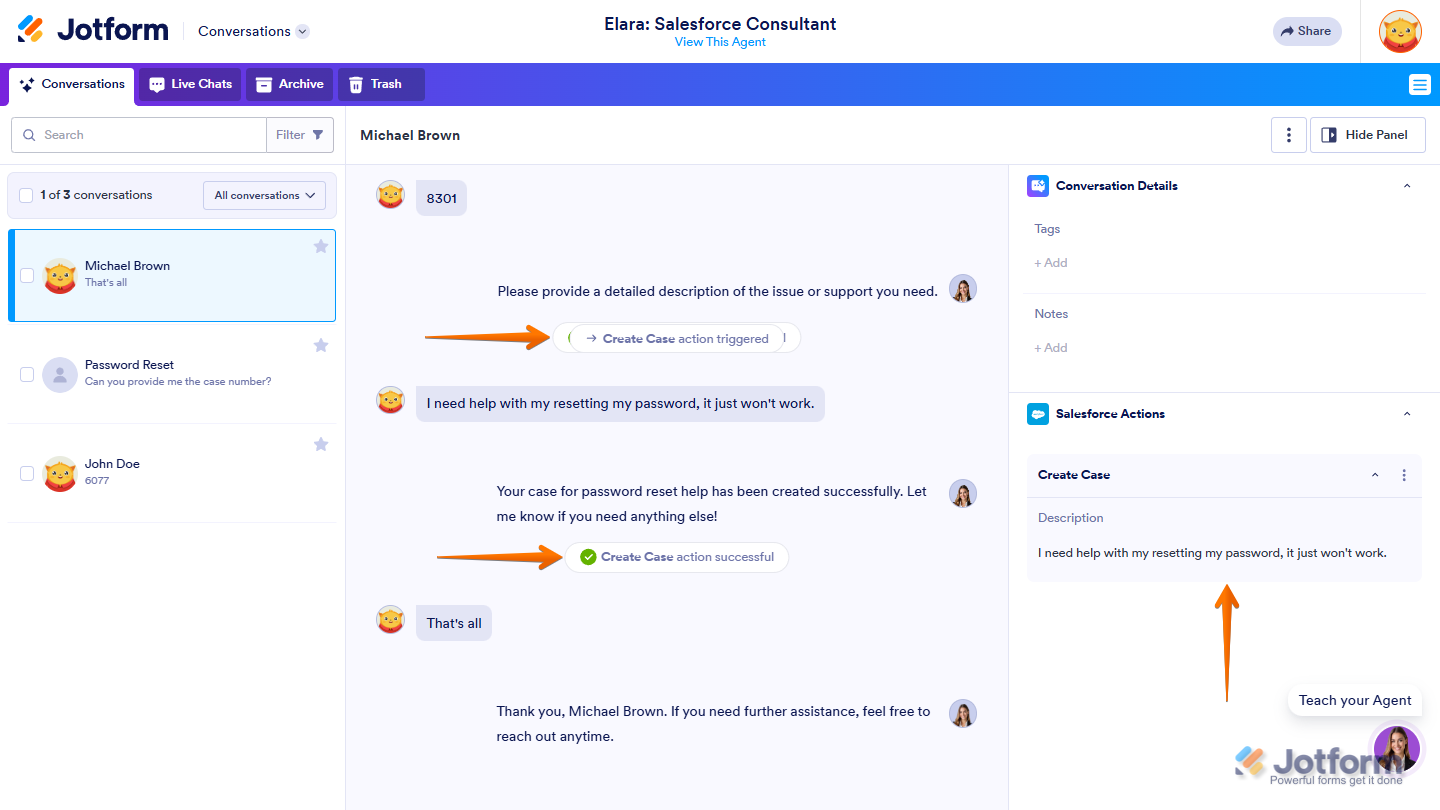 Full conversation view in Jotform Salesforce Agent showing Integration Logs for actions like Verify Customer and Case creation