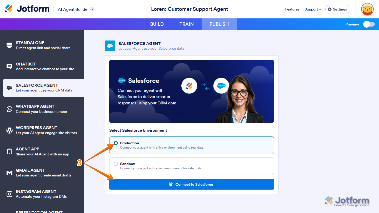 Production option and Connect to Salesforce button in the Salesforce Agent section under the Publish tab in Jotform AI Agent