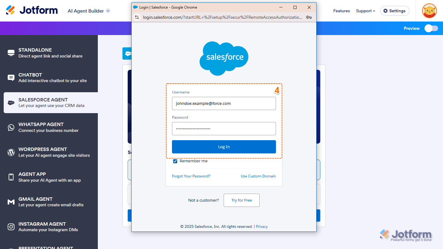 Salesforce Login window for Salesforce Agent in Jotform AI Agent Builder