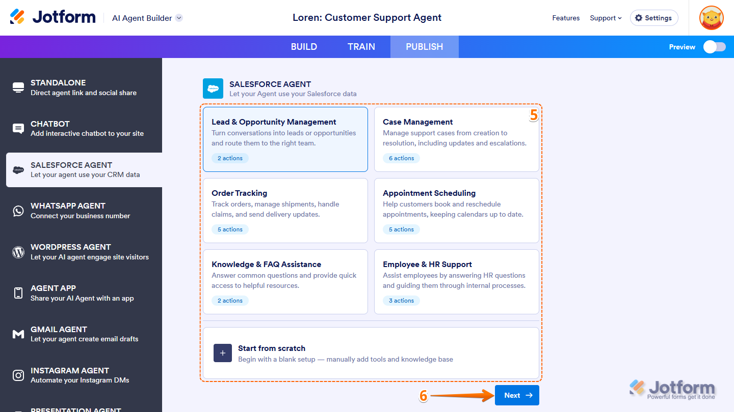 Predefined Skills and Start From Scratch options and Next button in the Salesforce Agent section under the Publish tab in Jotform AI Agent Builder