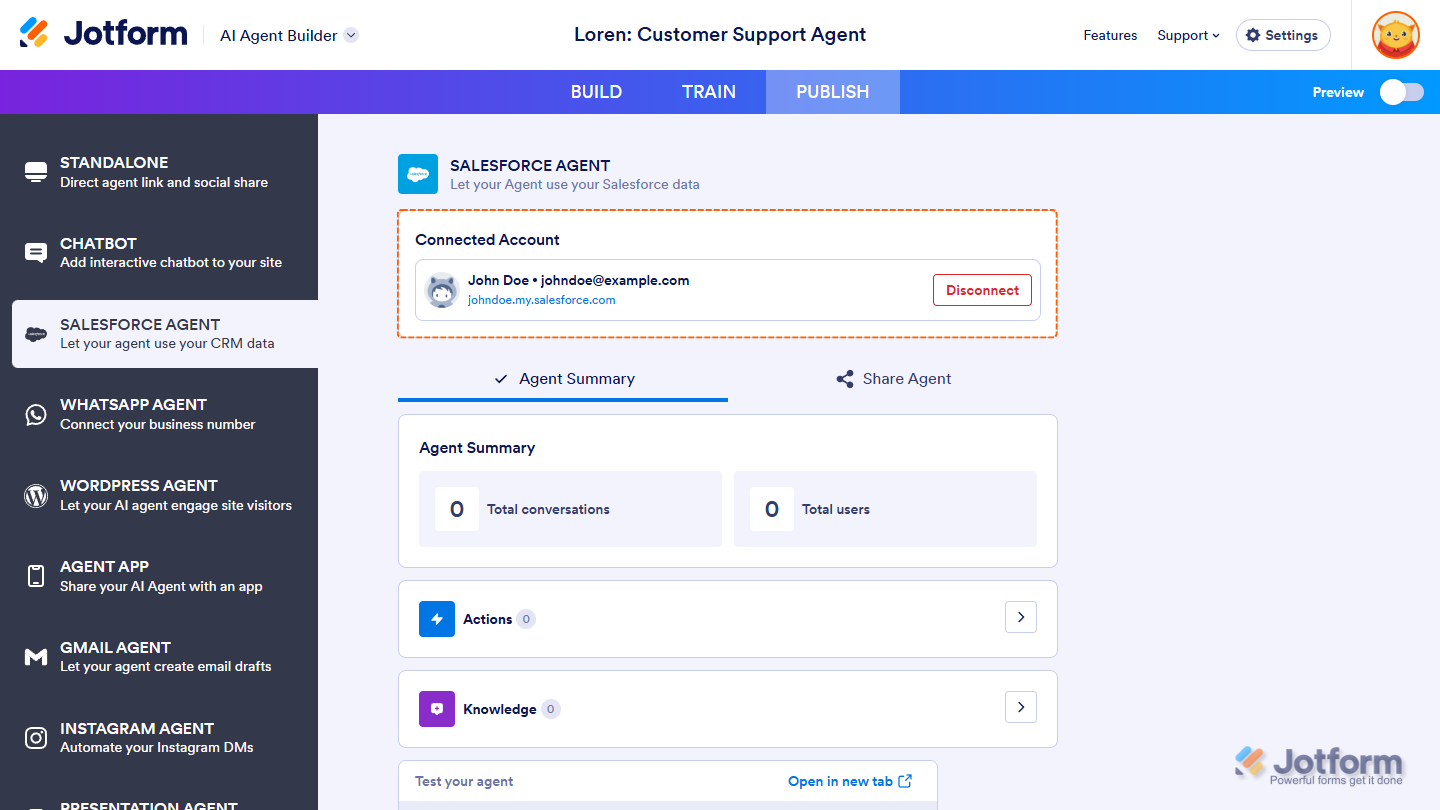 Connected Salesforce Account in the Salesforce Agent section under the Publish tab in Jotform AI Agent Builder
