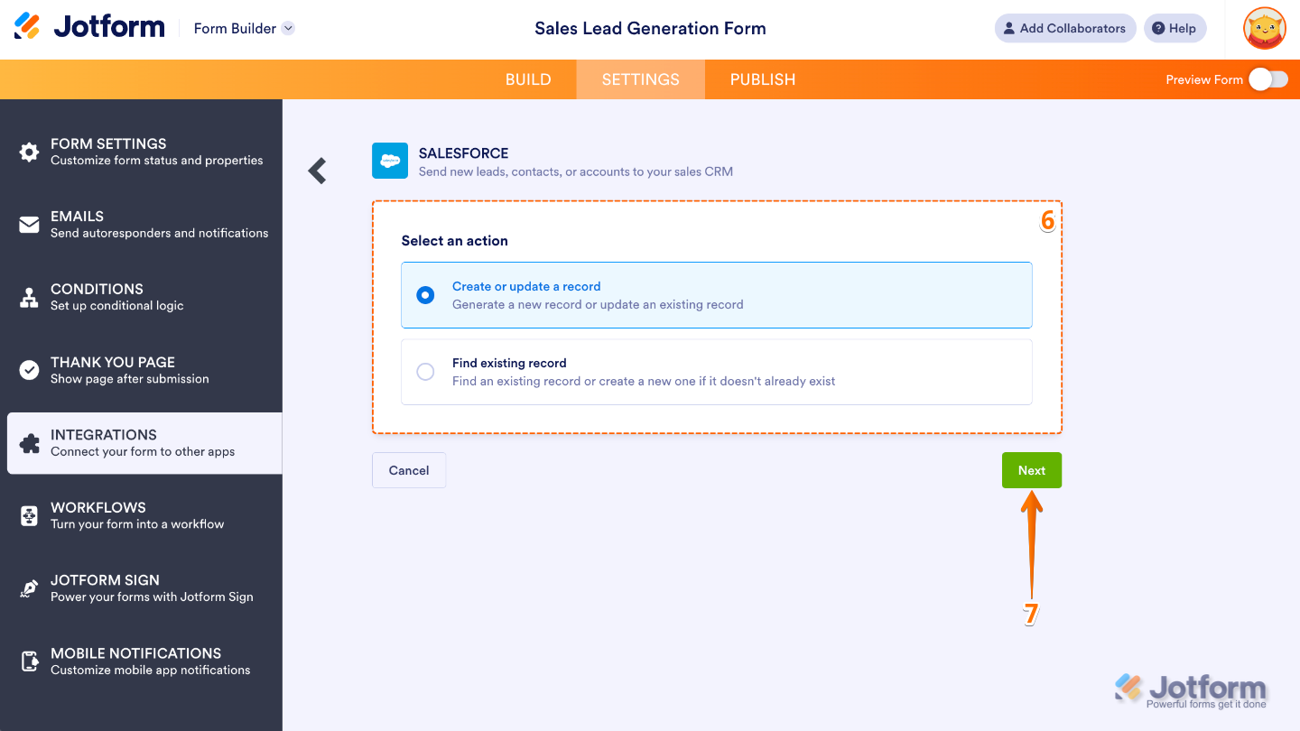 Salesforce integration setup screen showing options to create, update, or find existing records in form