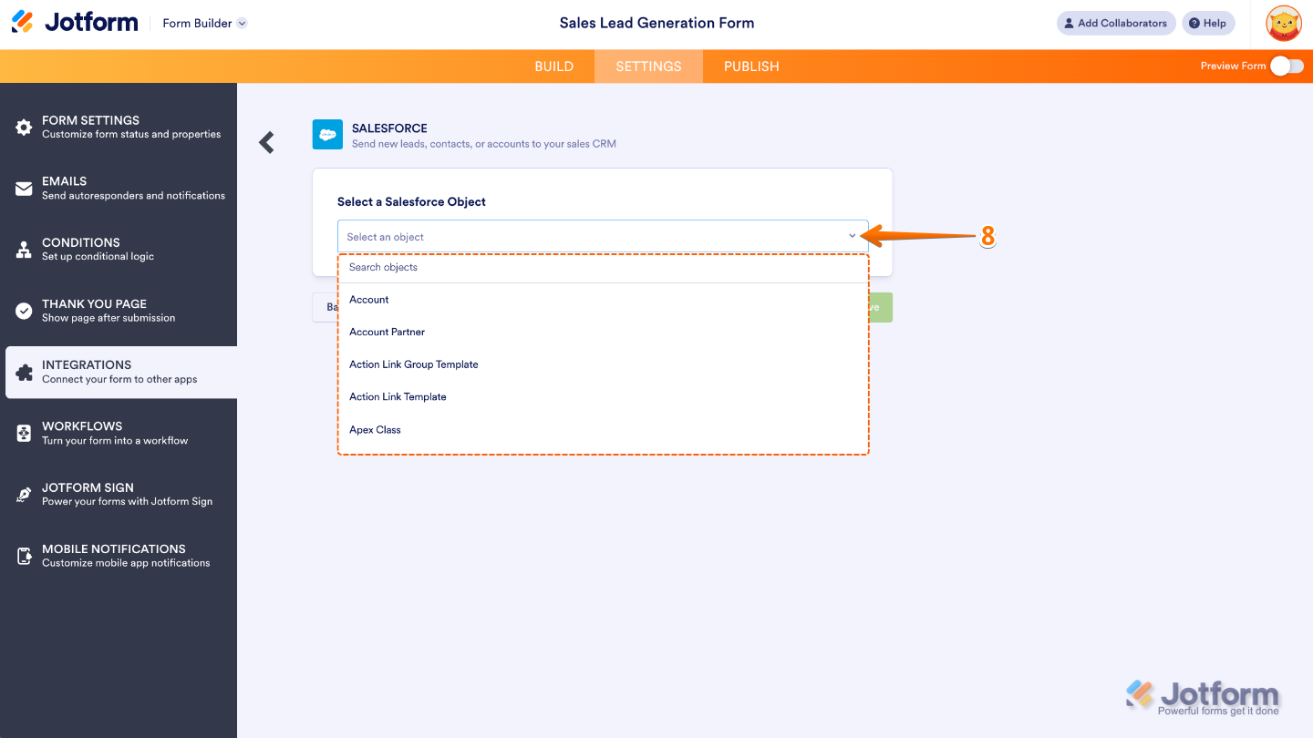 Selecting a Salesforce Object from the dropdown menu in form’s Salesforce integration setup