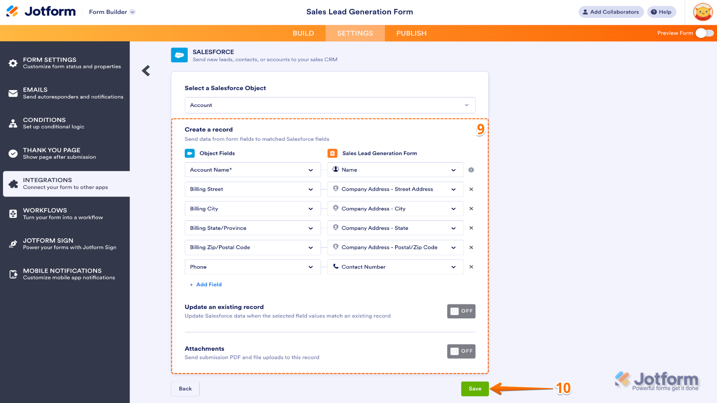 Mapping Salesforce Object fields to form fields in the Create Record setup screen