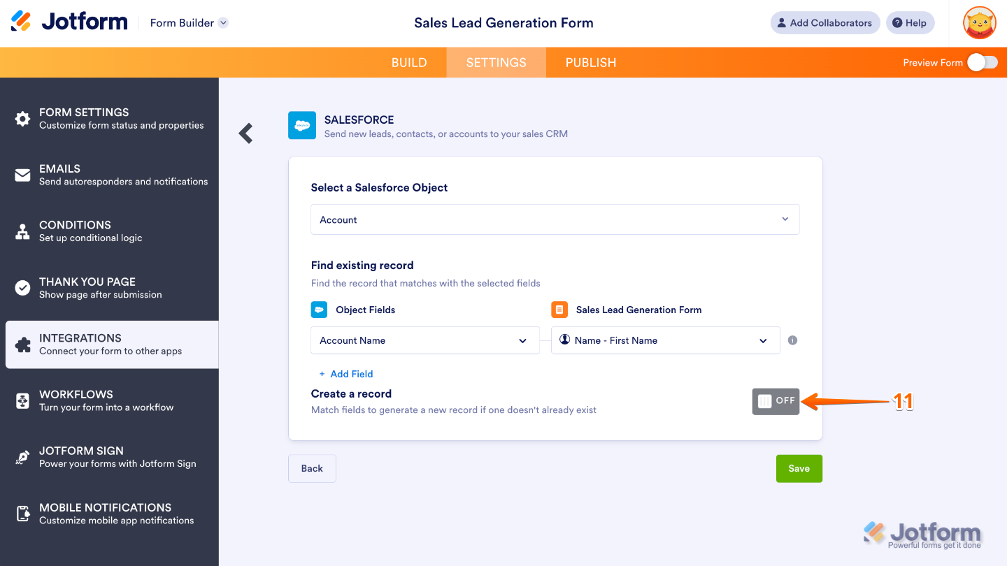 Configuring the Find Existing Record action in form’s Salesforce integration with the Create a Record option enabled
