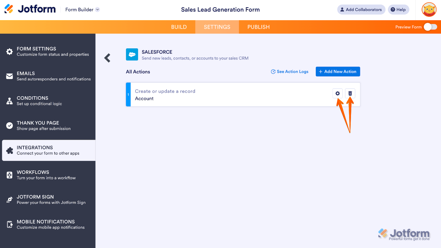 Form Salesforce integration showing Gear and Trash Can icons for editing or deleting an existing action