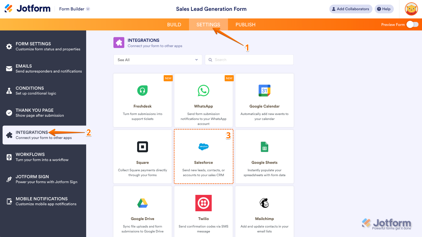 Form Builder showing the Settings tab selected in the orange navigation bar, with Integrations menu open and Salesforce integration highlighted