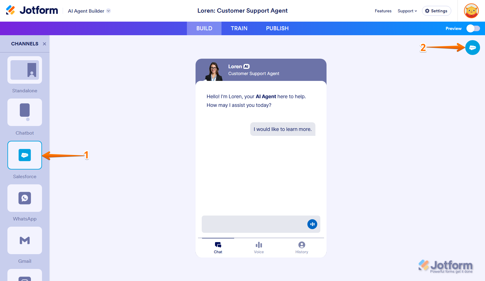 Salesforce icon in the Salesforce channel of the Builder tab in Jotform AI Agent Builder