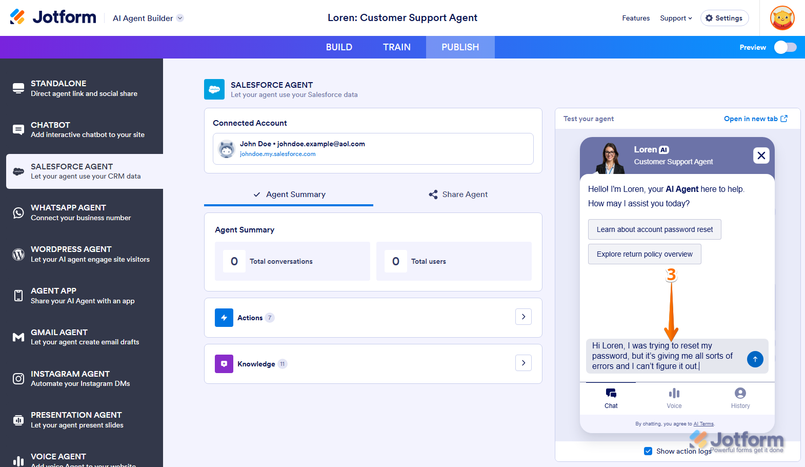 Sample message in the Test Your Agent panel of the Salesforce Agent section under the Publish tab of Jotform AI Agent Builder