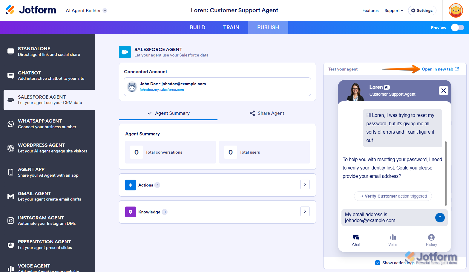 Open in New Tab link of the Test Your Agent panel in the Salesforce Agent section under the Publish tab of the Jotform AI Agent Builder