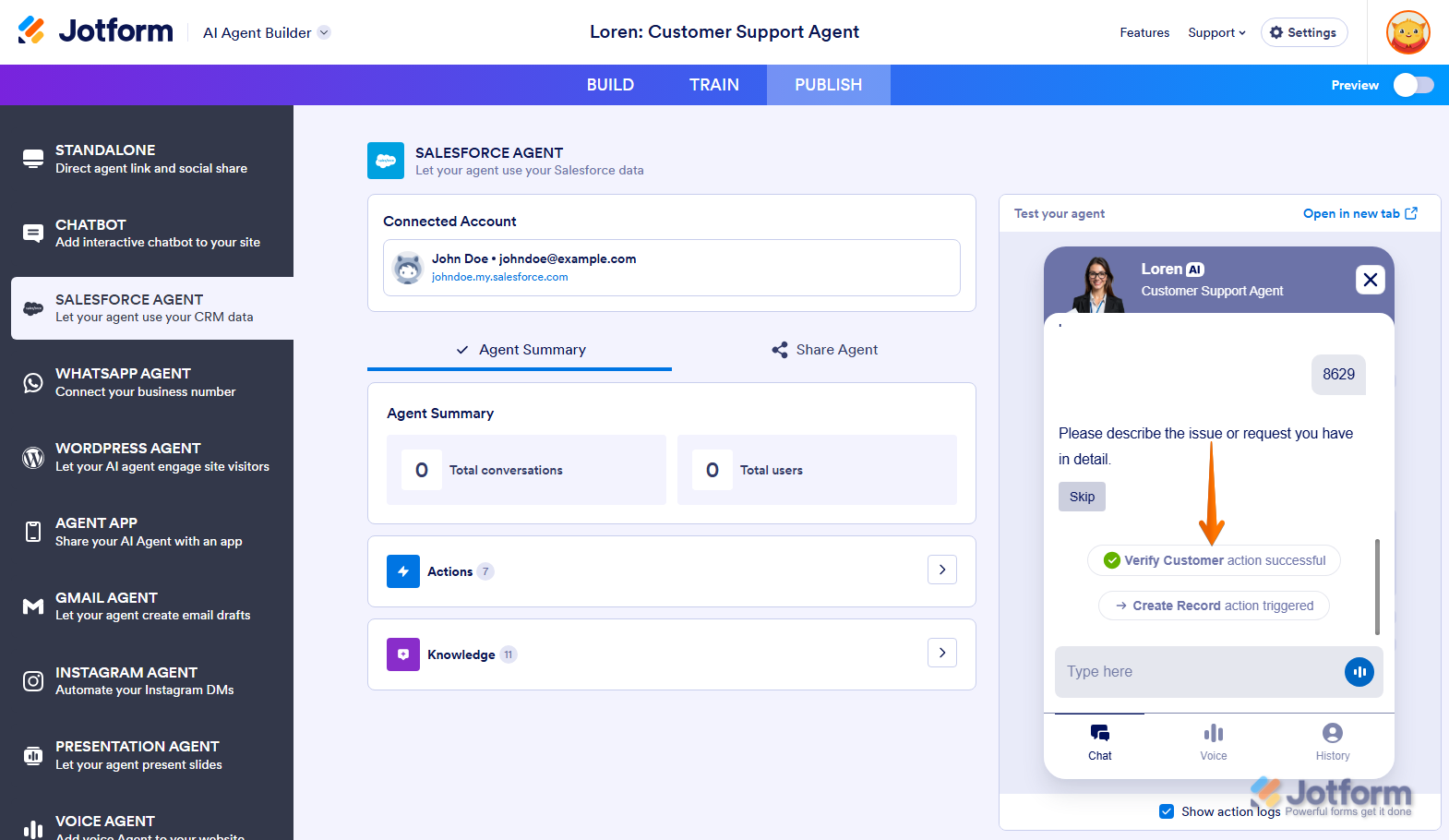 Action logs in the test conversation in the Test Your Agent panel of the Salesforce Agent section under the Publish tab of Jotform AI Agent Builder