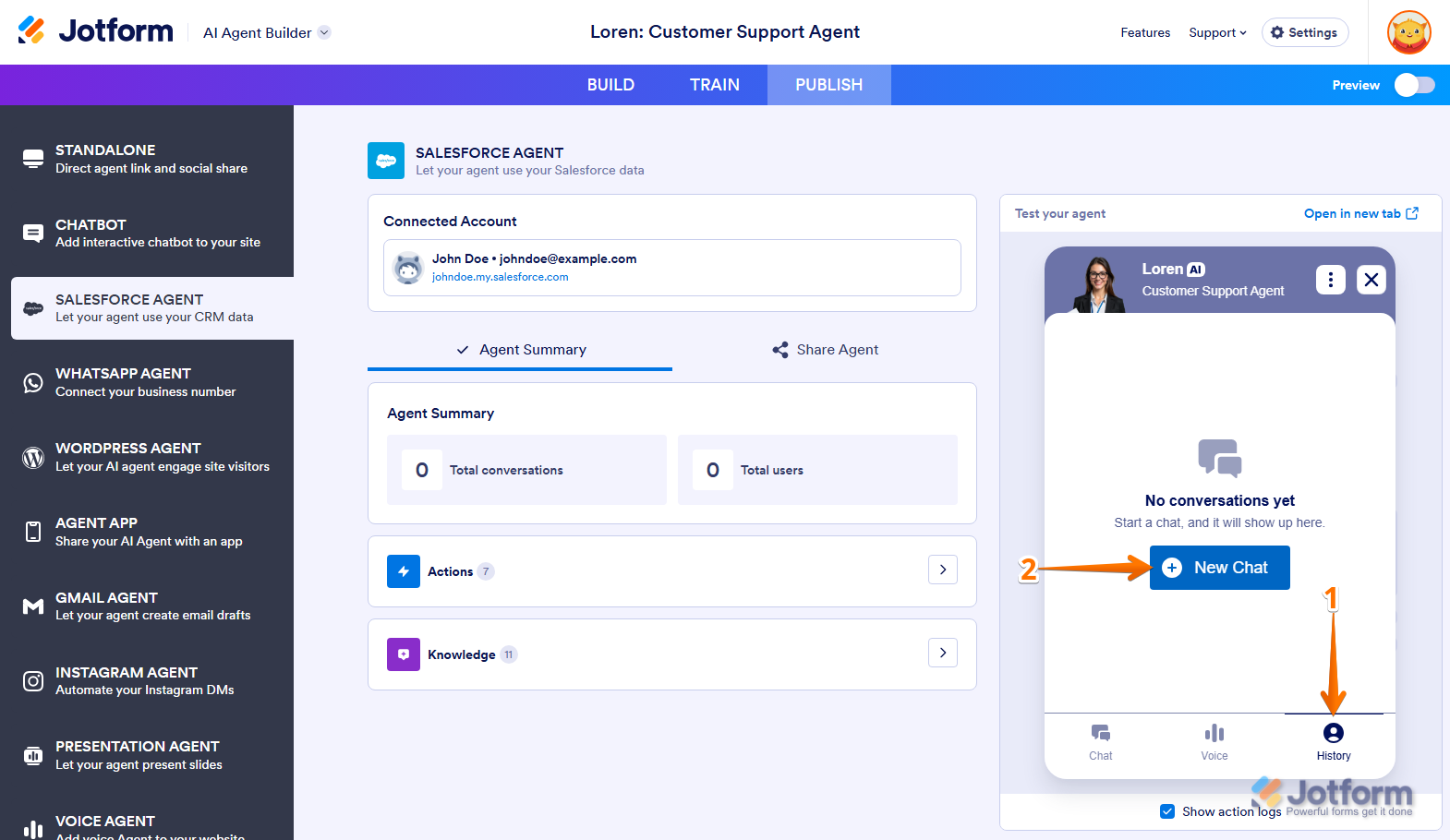 New Chat button in the History section of the Test Your Agent panel chatbot in the Salesforce Agent section under the Publish tab of Jotform AI Agent