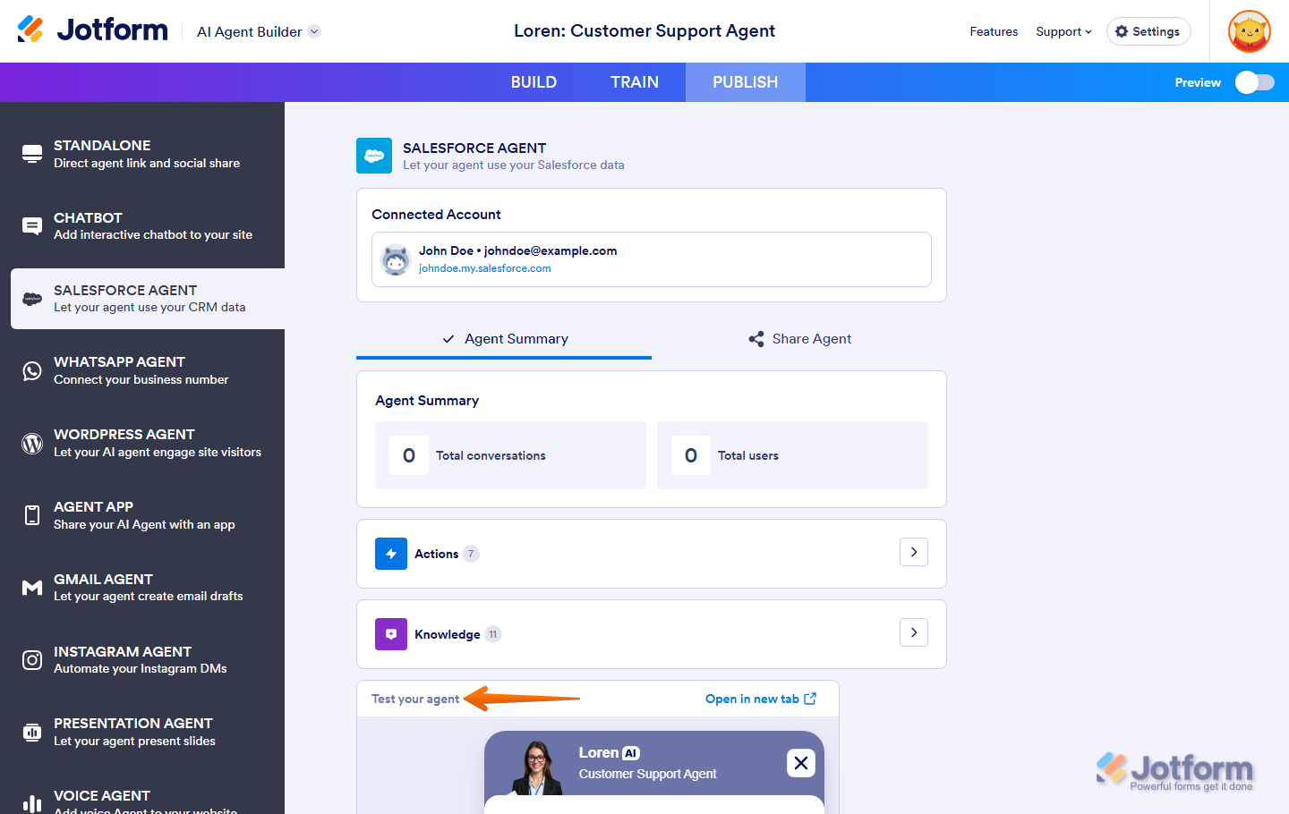 Test Your Agent panel in the Salesforce Agent section under the Publish tab of the Jotform AI Agent Builder