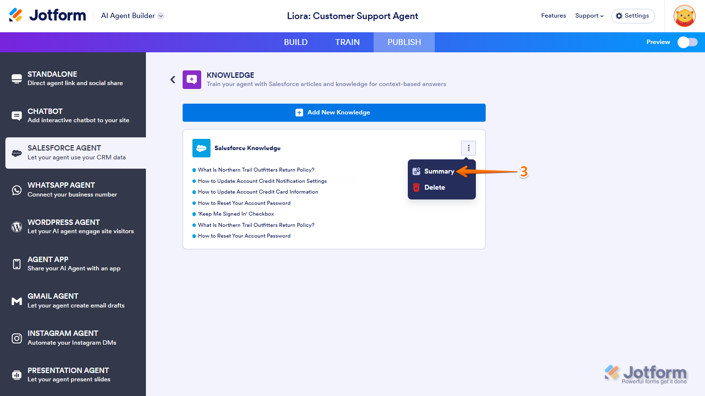 Summary menu in the Salesforce Knowledge page