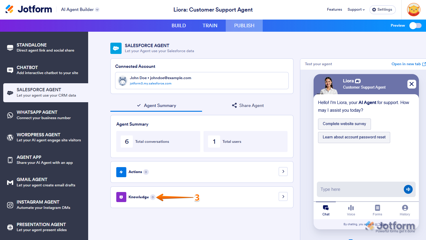 Knowledge menu in the Salesforce Agent configuration