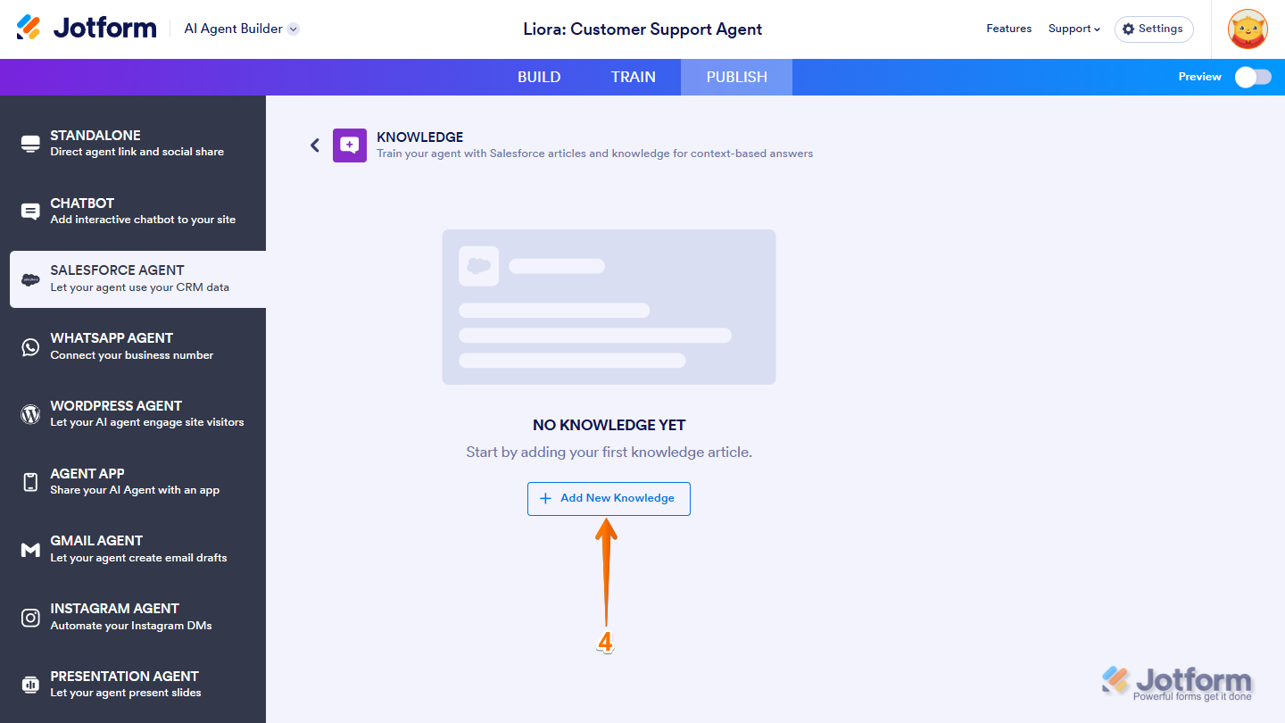 Add new knowledge button in the Salesforce Agent configuration