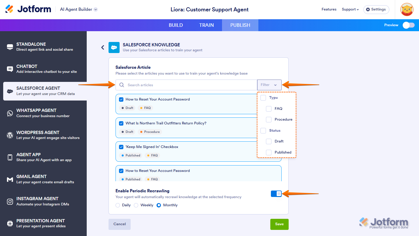 Search Articles, Filter, and Periodic Recrawling elements in the Salesforce Knowledge configuration