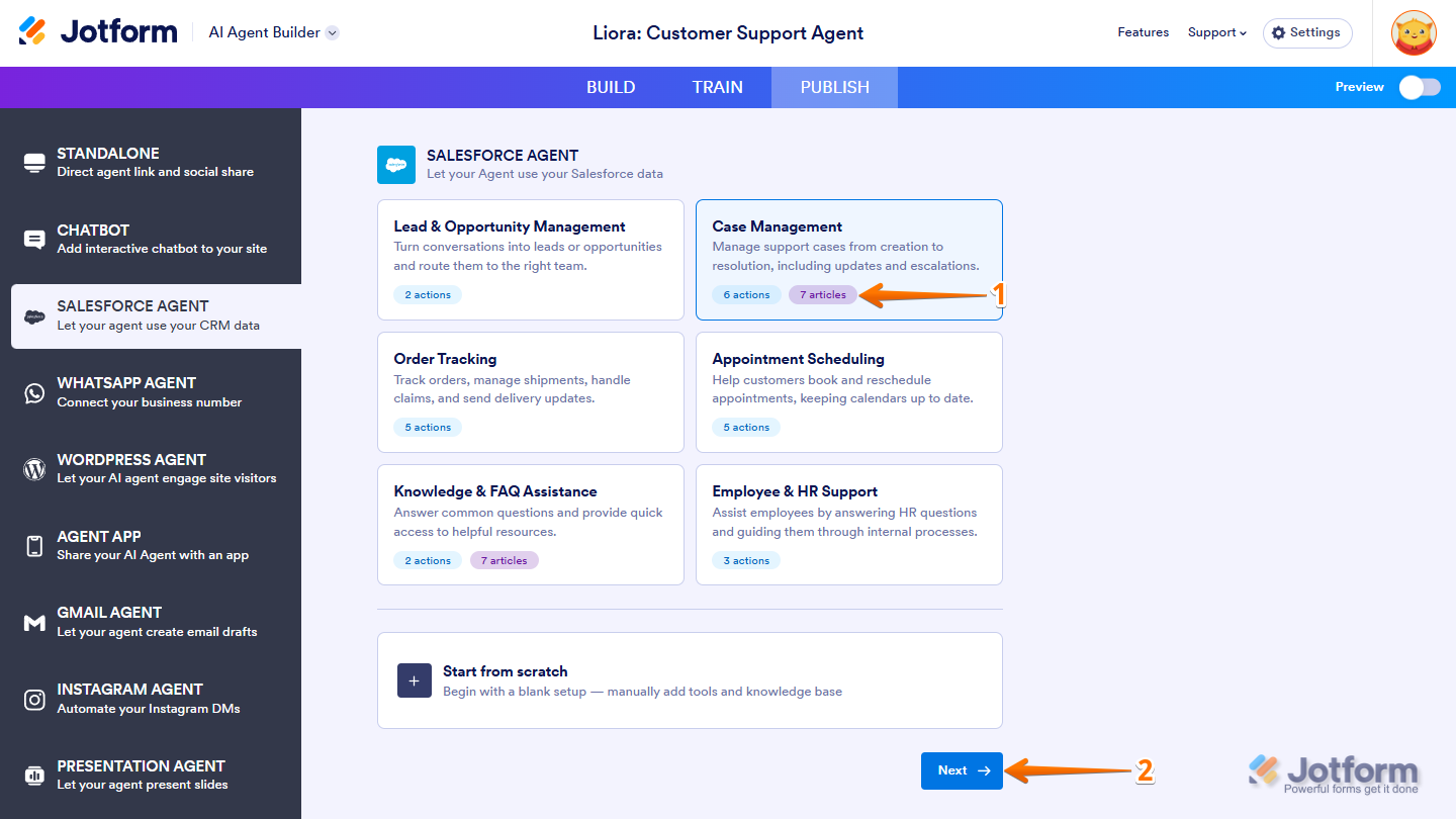 Selected template in the Salesforce Agent configuration