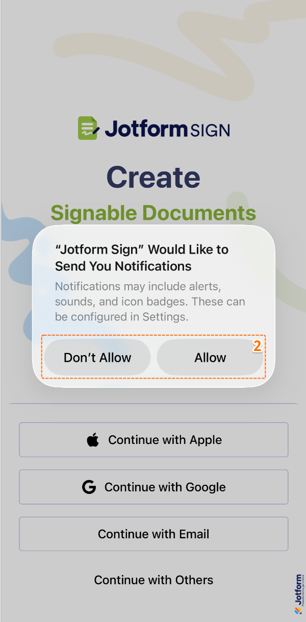 Jotform Sign Mobile App notification prompt with options to Allow or Don’t Allow notifications after opening the app