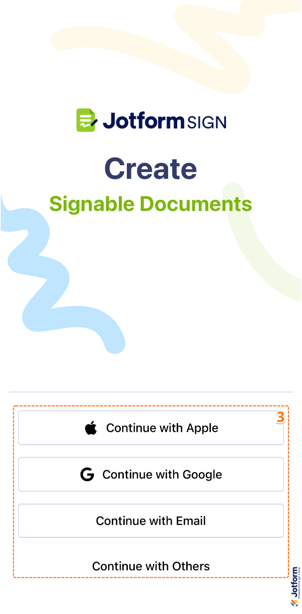 Jotform Sign Mobile App login screen showing options to continue with Apple, Email, Google, or other accounts like Facebook or Microsoft
