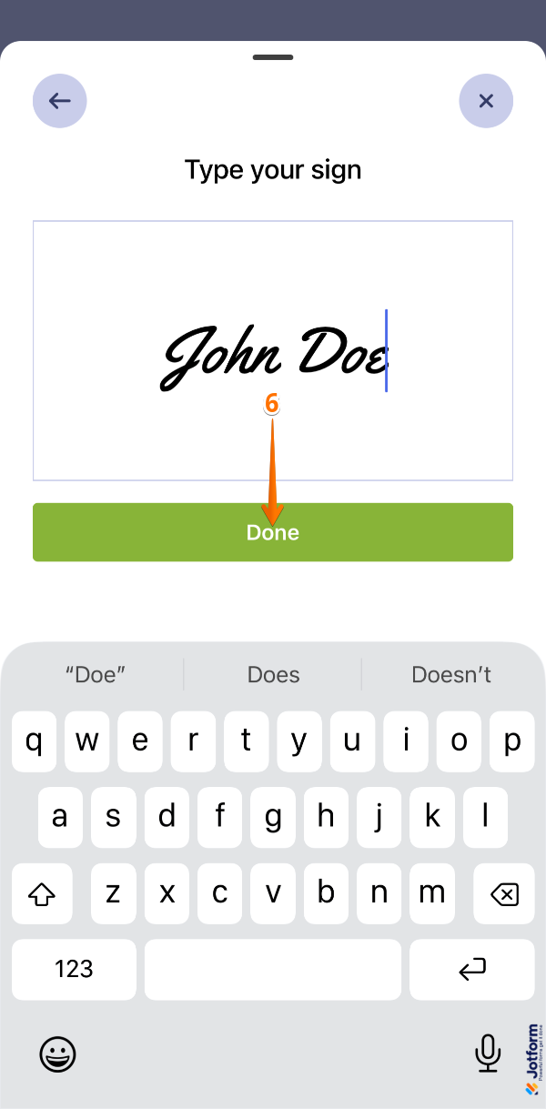 Jotform Sign Mobile App showing signature entry screen where you can draw or type your signature and tap Done