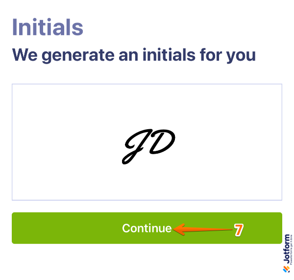 Jotform Sign Mobile App automatically generating initials from your signature with option to tap Continue and proceed