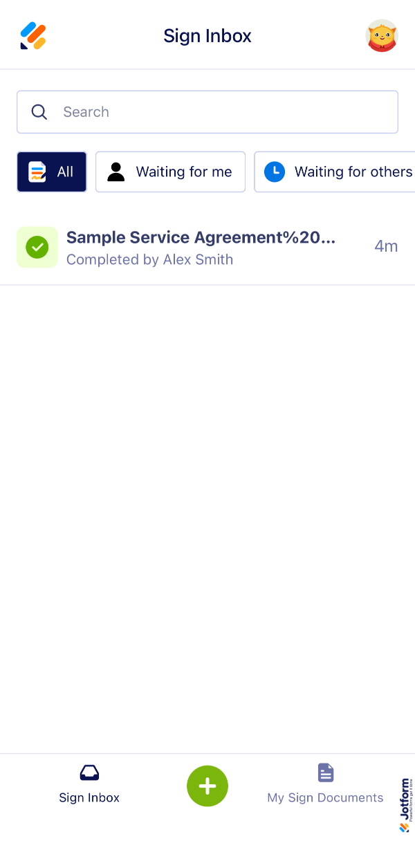 Jotform Sign Mobile App showing redirection to the Sign Inbox section after completing signature setup