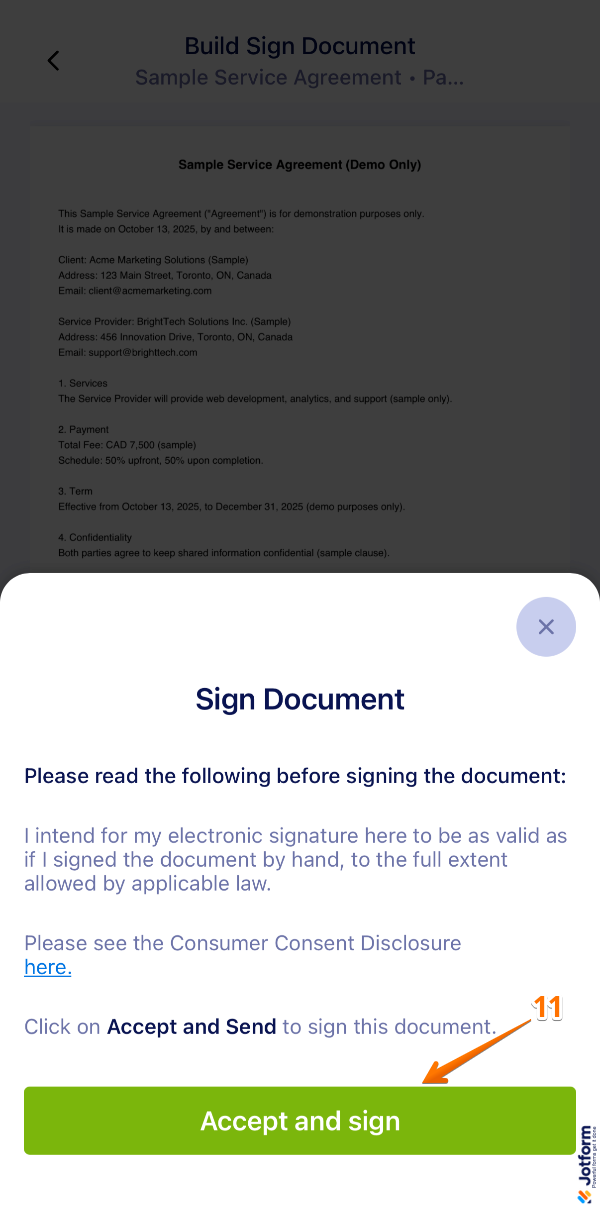 Jotform Sign Mobile App showing Accept and Sign button to complete the document signing process