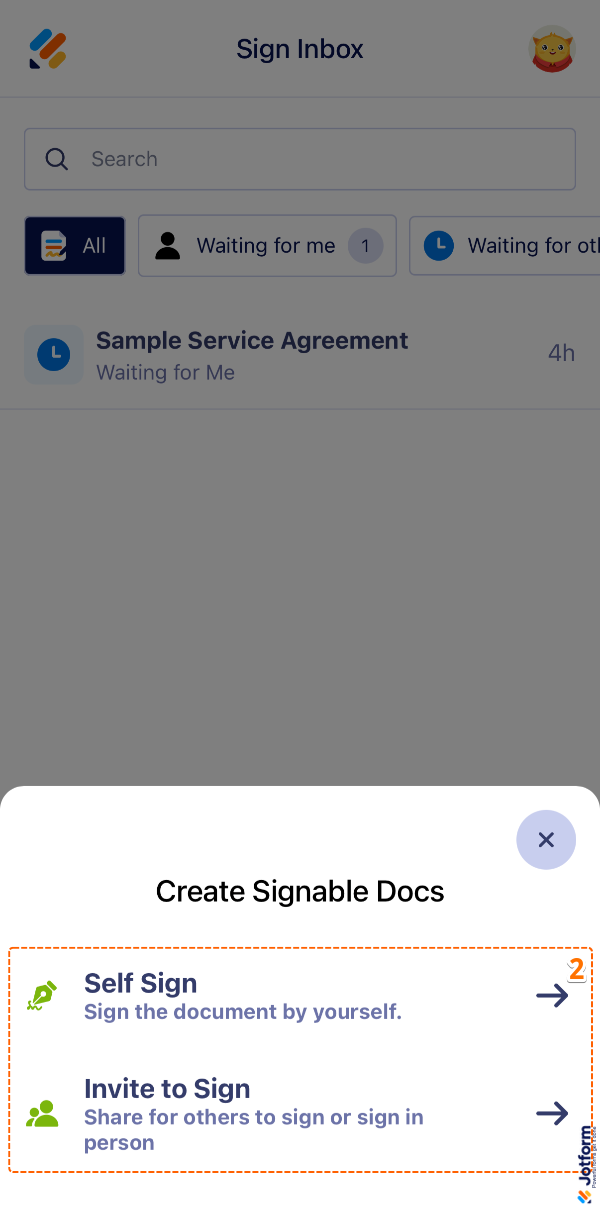 Jotform Sign Mobile App Create Signable Docs window showing options to Self Sign or Invite to Sign a document