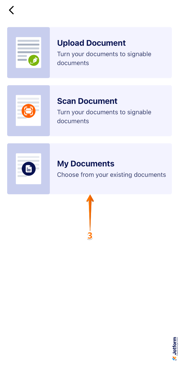 Jotform Sign Mobile App showing My Documents tab to select an existing document