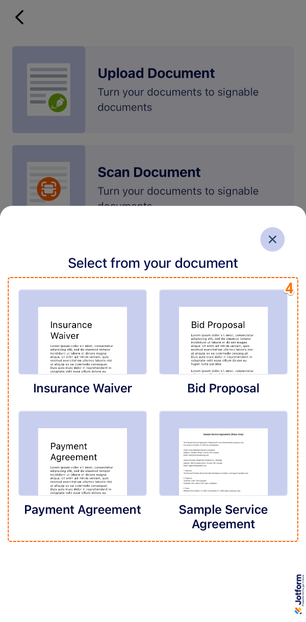 Jotform Sign Mobile App showing selection of an existing document by tapping on it.
