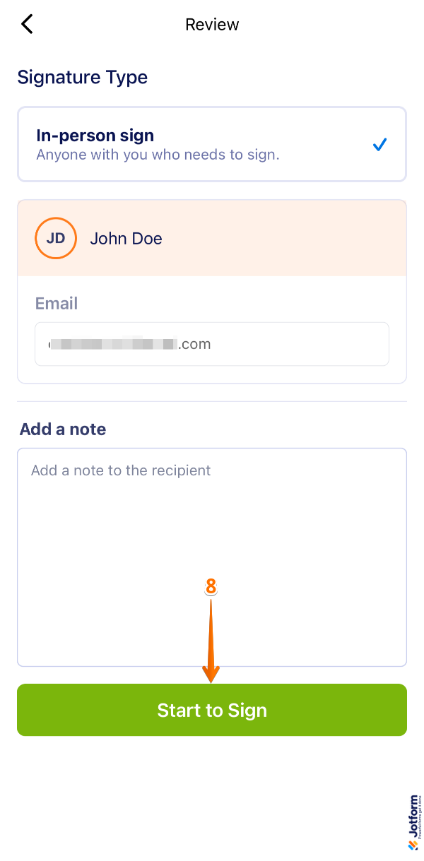 Jotform Sign Mobile App showing review screen with required fields to fill in before tapping Start to Sign