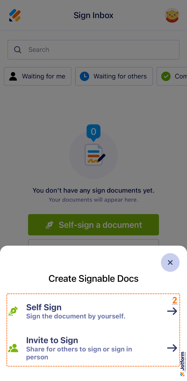 Jotform Sign Mobile App showing the Create Signable Docs window with the **Self Sign** and **Invite to Sign** options