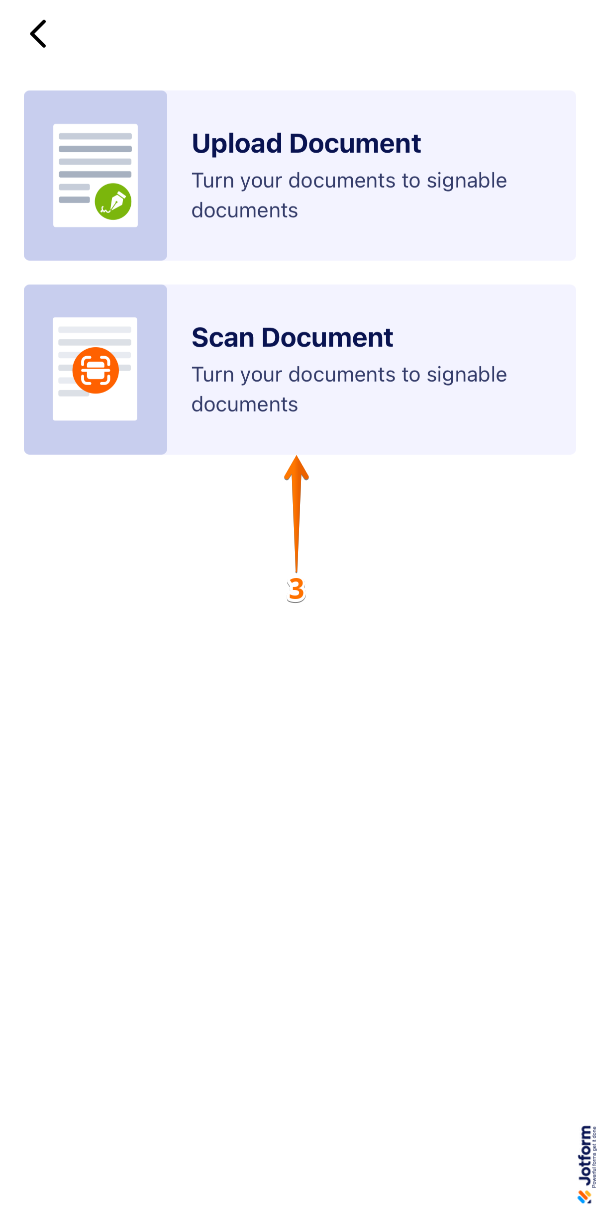 Jotform Sign Mobile App displaying the **Scan Document** option and using the camera to capture a document, with the app automatically cropping the scanned page