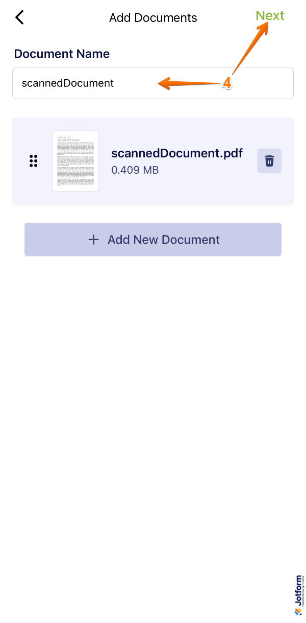 Jotform Sign Mobile App showing the Document Name field being filled in after scanning, with the Next button highlighted in the top-right corner of the screen
