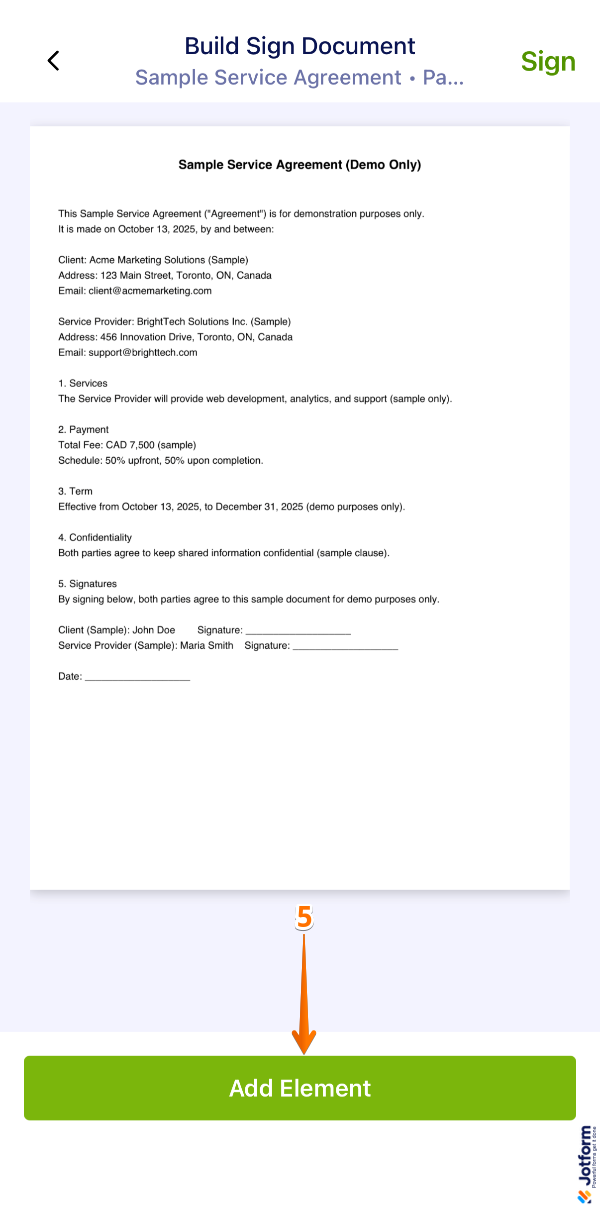 Jotform Sign Mobile App displaying the scanned document with the Add Element button highlighted at the bottom of the screen