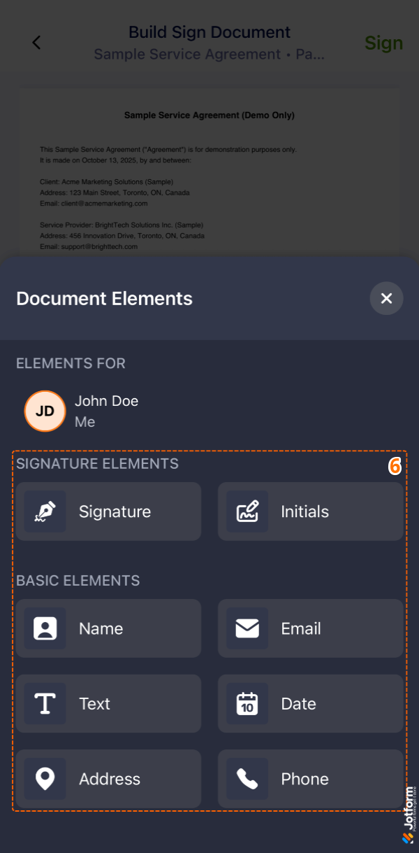 Jotform Sign Mobile App showing adding document elements, such as the Signature element, to a scanned document