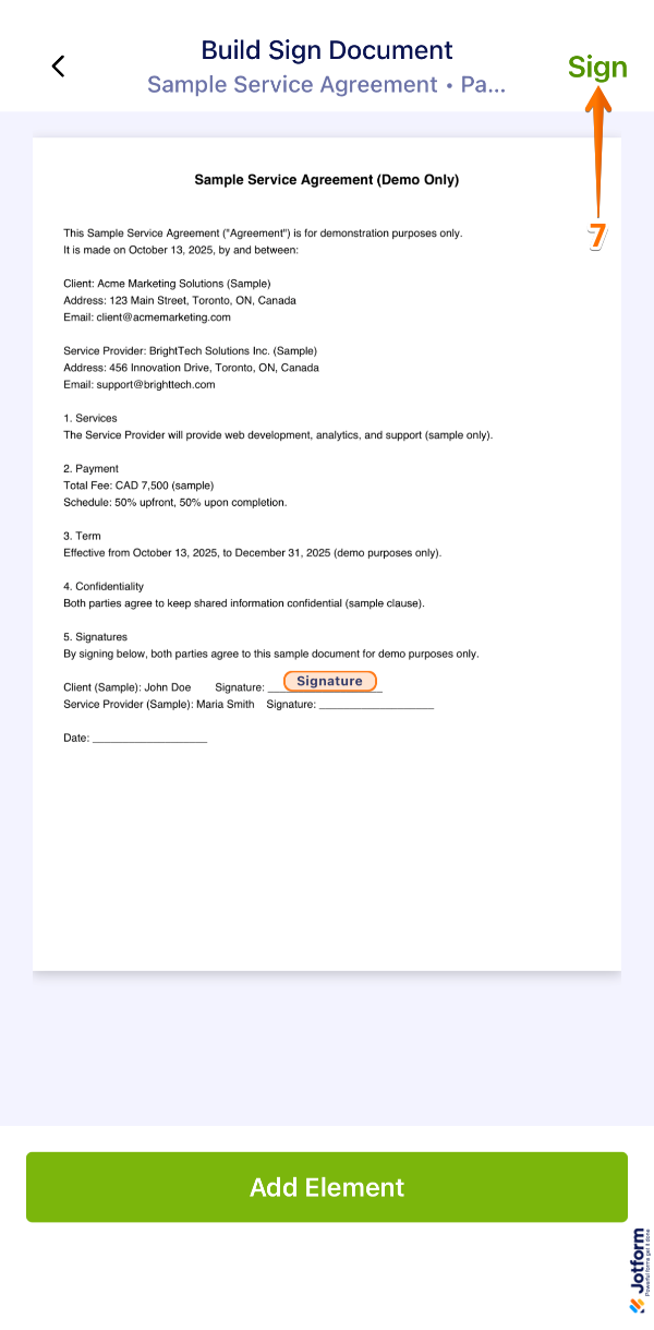 Jotform Sign Mobile App showing the Sign button in the top-right corner after adding elements to a scanned document