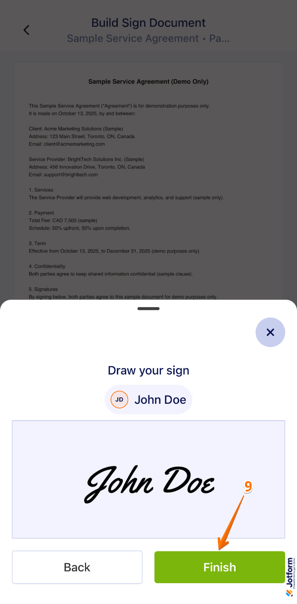 Jotform Sign Mobile App showing area to enter or draw a signature and the Finish button