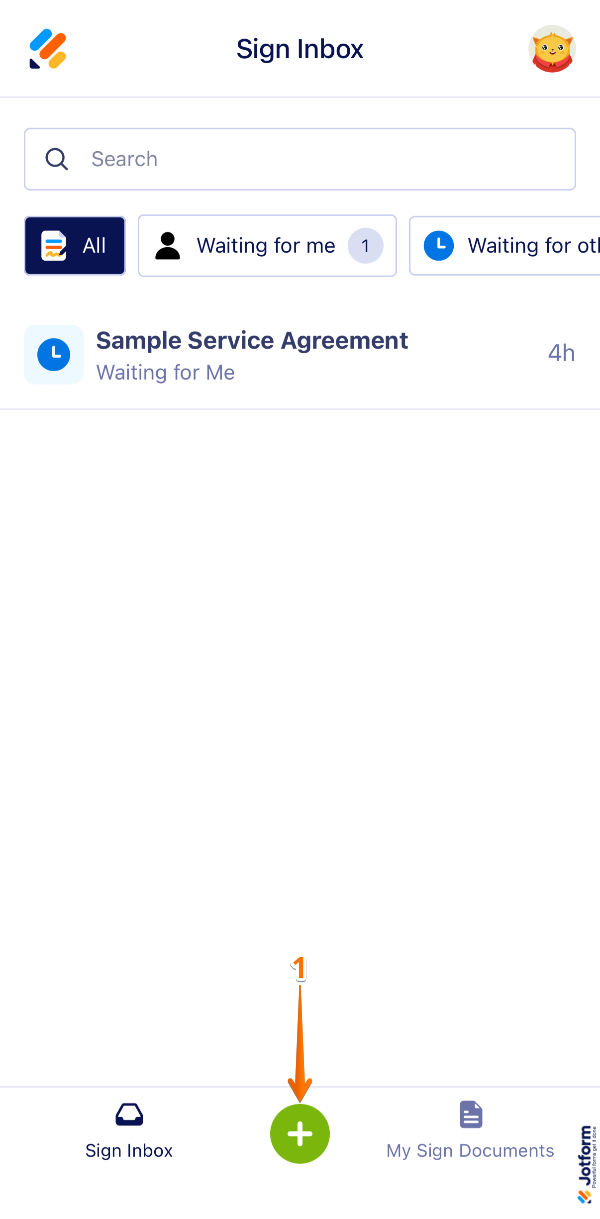 Starting a self-signing session in the Jotform Sign Mobile App by tapping the green plus icon at the bottom of the screen.

