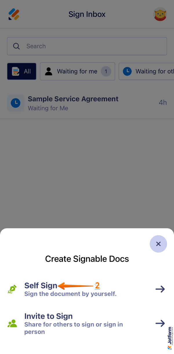 Tapping Self-Sign in the Create Signable Docs window in the Jotform Sign Mobile App