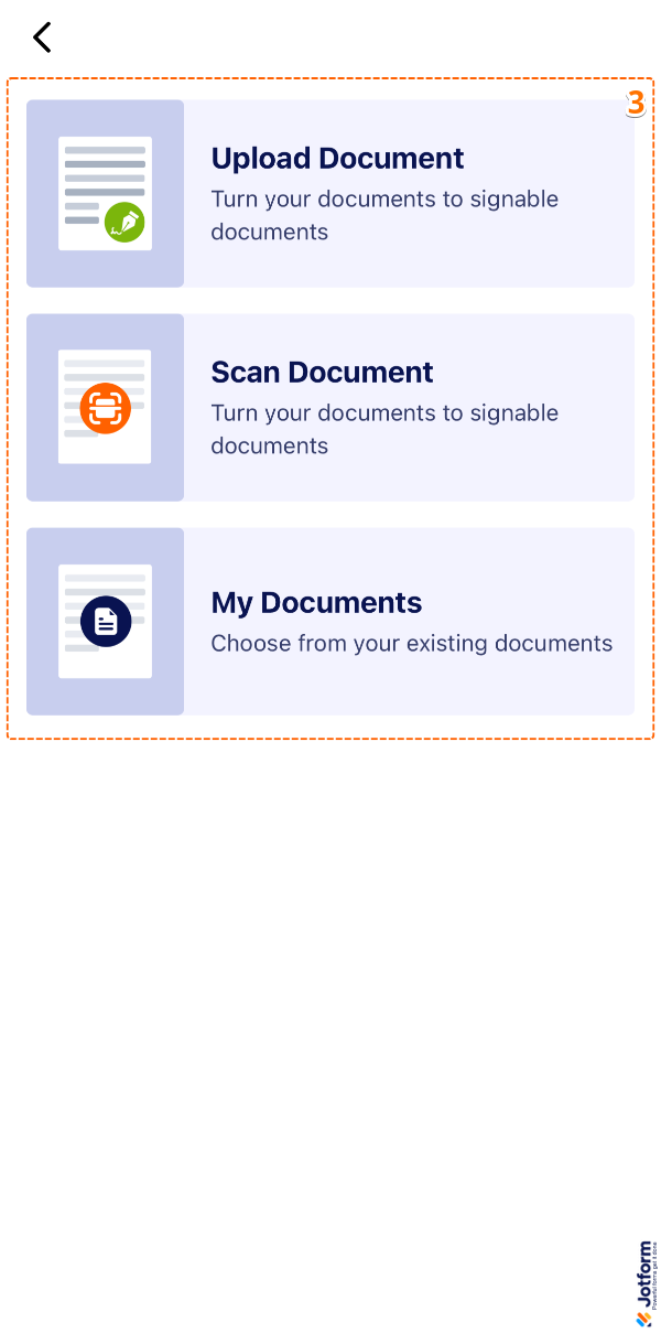 Choosing a document source in the Jotform Sign Mobile App with options to Upload Documents, Scan Document, or My Documents