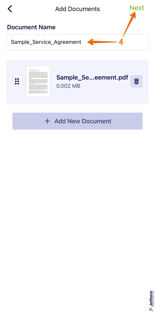 Entering a document name and tapping Next after uploading a file in the Jotform Sign Mobile App for self-signing.
