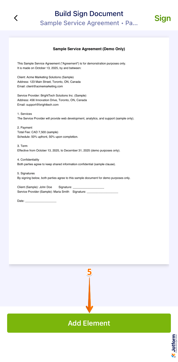 Tapping Add Element at the bottom of the screen in the Jotform Sign Mobile App for self-signing