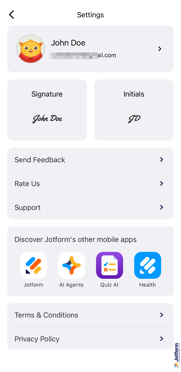 Settings section in Jotform Sign Mobile App showing options to manage account, update signature and initials, send feedback, rate the app, access support, and view Terms & Conditions and Privacy Policy