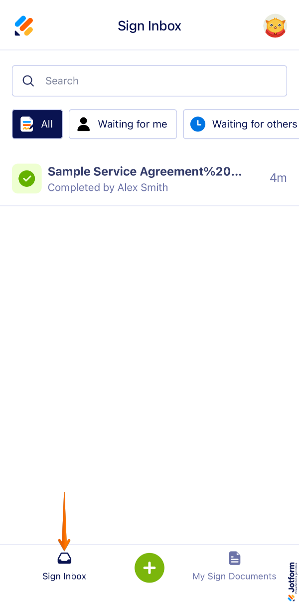 Jotform Sign Mobile App showing Sign Inbox section with options to view sign flows, track status, and manage requests